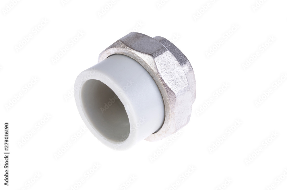 Polypropylene threaded coupling on a white background. American polypropylene. Plastic pipes. High temperature soldering. Polypropylene threaded coupling on a white background. American polypropylene. Plastic pipes. High temperature soldering.