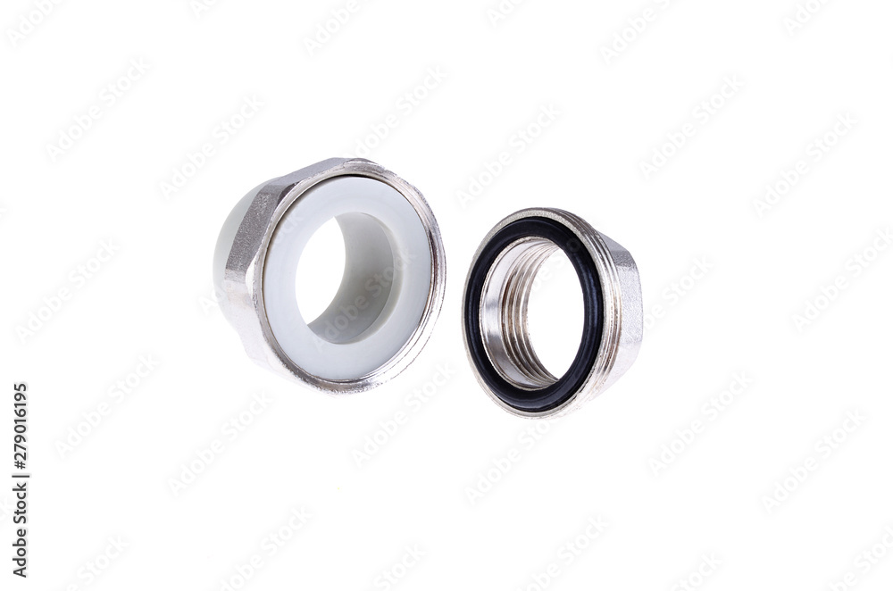 Polypropylene threaded coupling on a white background. American polypropylene. Plastic pipes. High temperature soldering. Polypropylene threaded coupling on a white background. American polypropylene. Plastic pipes. High temperature soldering.