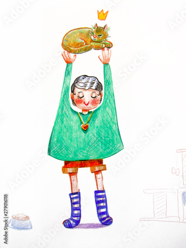 A cute girl with black hair in a green sweater lifts above the head of a red cat with a crown on her head.