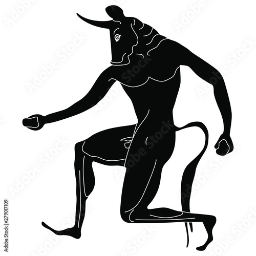 Black and white silhouette of ancient Greek Minotaur. Half man half bull. Fantastic mythological creature.