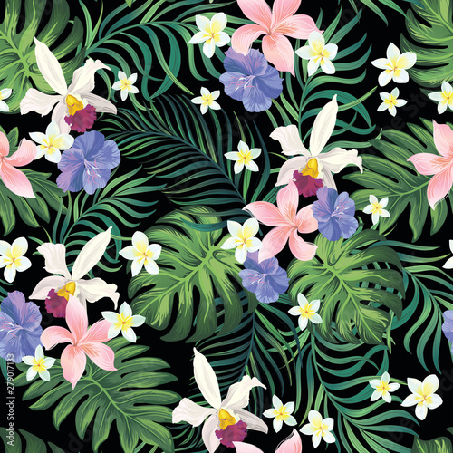 Seamless hand drawn exotic vector pattern with green palm leaves and hibiscus flower. Stock vector.