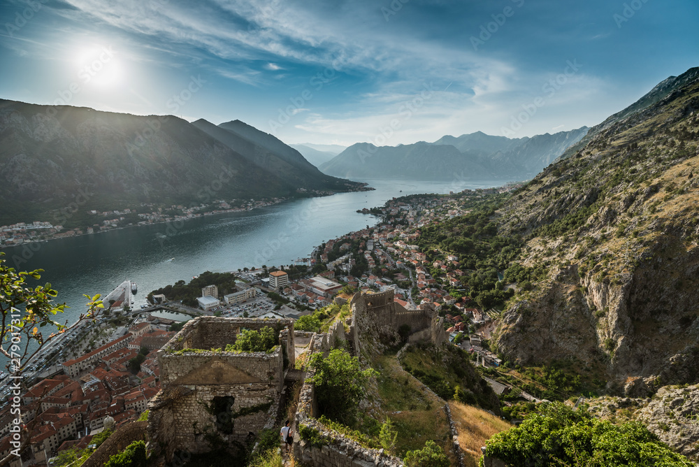 Ruins of fortess and Bay of Kotor view from the hill above the town, Montenegro.
