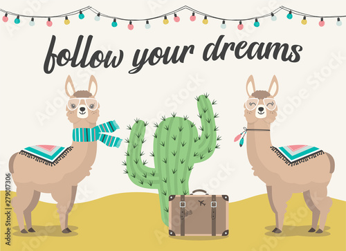 Cute llama and alpaca of hand drawn illustrations, cactus and suitcase with the phrase follow your dreams