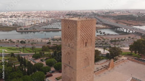 Rabat morocco: Drone footage of Rabat 29 juin 2019 , View of Tour Hassan tower - Hassan Tower or Tour Hassan is the minaret à Rabat photo