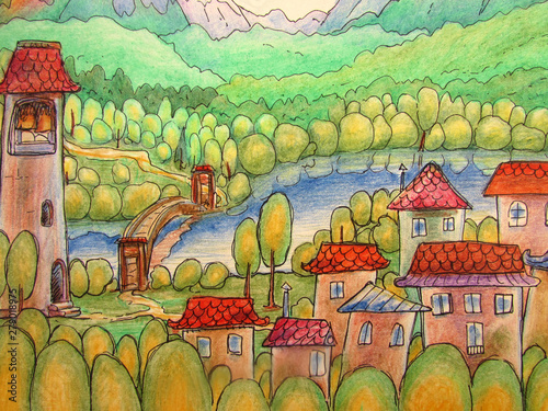 A colorful fairy-tale landscape with a small town with houses and a tower, a river, mountains and a forest.