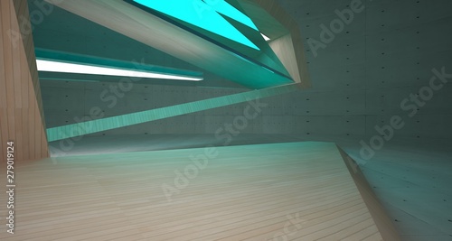 Abstract architectural wood and glass interior of a minimalist house with neon lighting. 3D illustration and rendering.