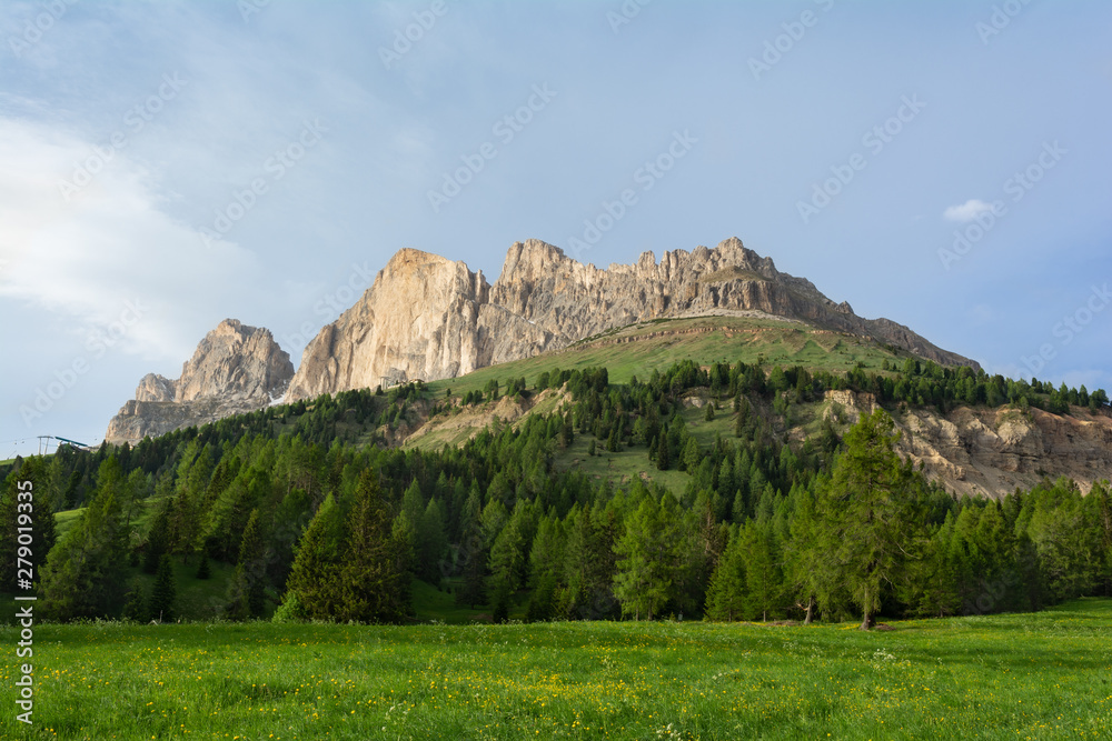 Beautiful view of mount Catinaccio (also known as Rosengarten) from Passo Costalunga. Dolomites, South Tyrol, Italy