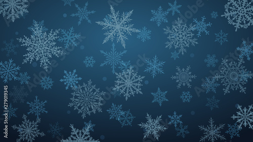 Christmas background with various complex big and small snowflakes in blue colors