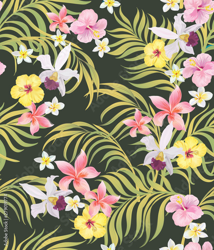 Exotic tropical flowers coral hibiscus palm leaves pattern seamless. Jungle vector vintage wallpaper