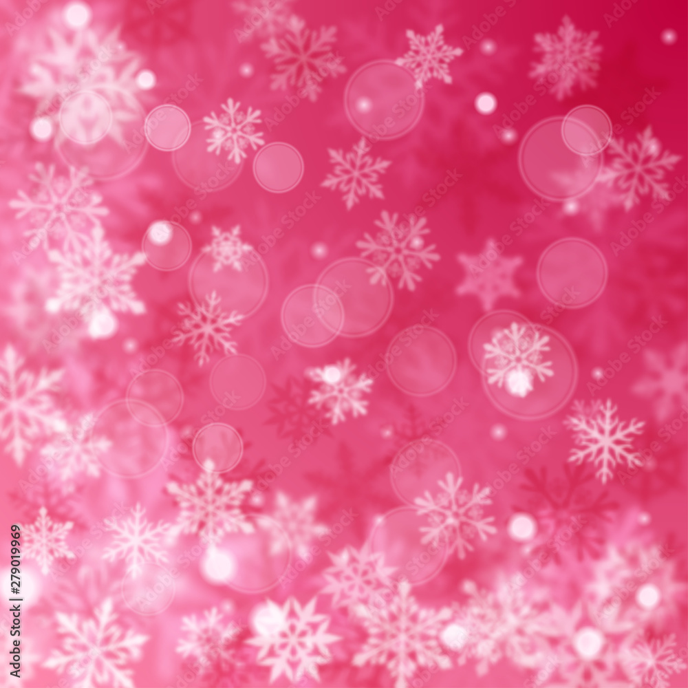Christmas blurred background of complex defocused big and small falling snowflakes in pink colors with bokeh effect Christmas blurred background of complex defocused big and small falling snowflakes in pink colors with bokeh effect