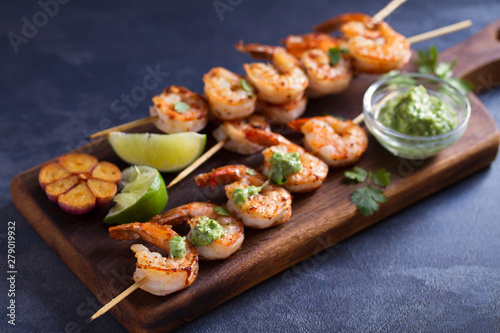 Cilantro lime grilled shrimps. Shrimps on skewers with garlic butter sauce
