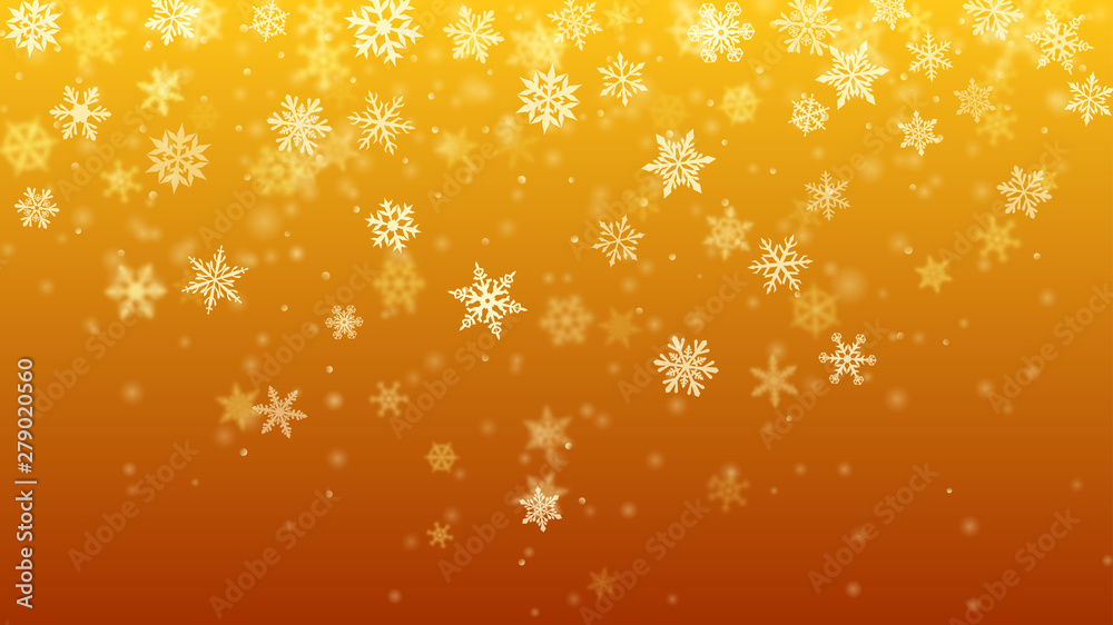 Christmas background of complex blurred and clear falling snowflakes in yellow colors with bokeh effect Christmas background of complex blurred and clear falling snowflakes in yellow colors with bokeh effect