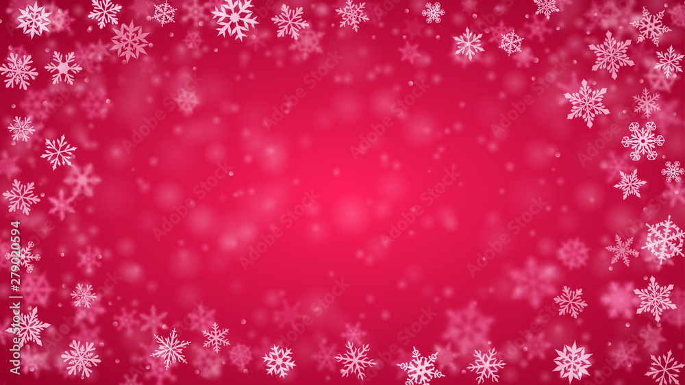 Christmas background of complex blurred and clear falling snowflakes in red colors with bokeh effect Christmas background of complex blurred and clear falling snowflakes in red colors with bokeh effect