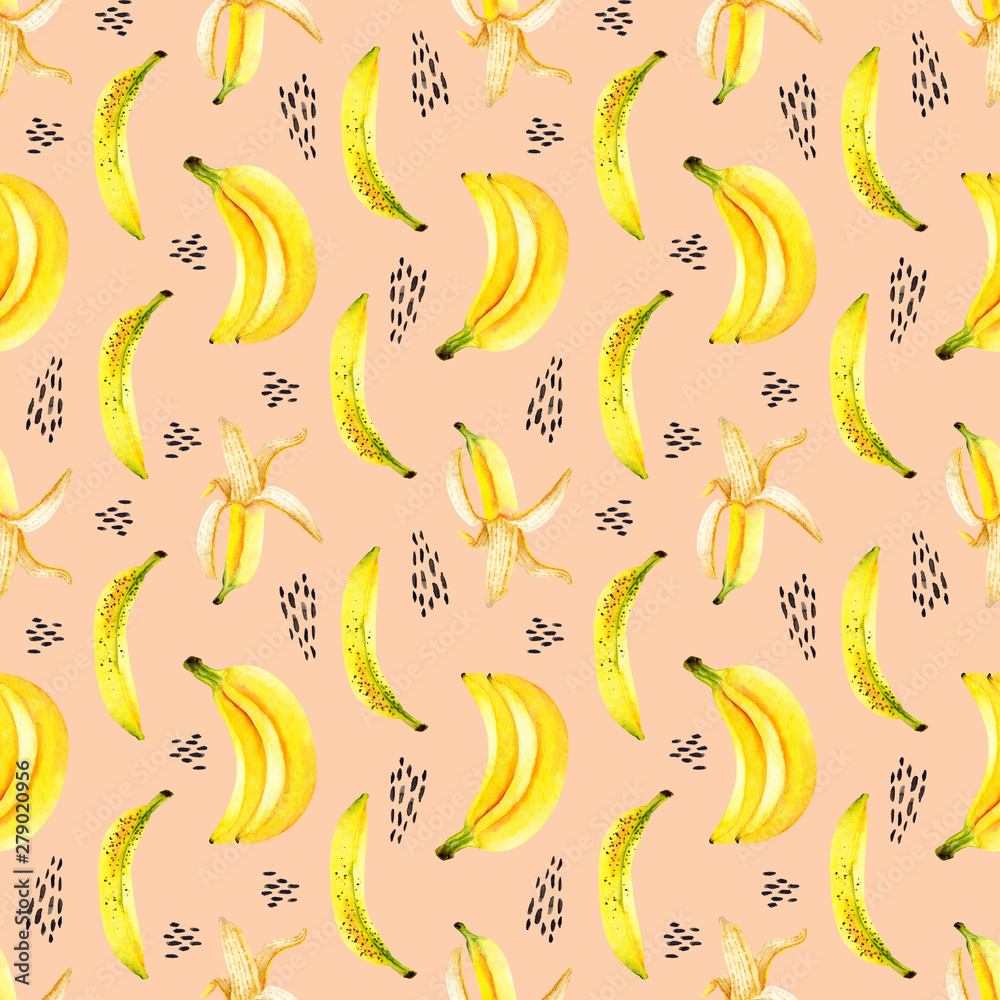 Seamless pattern of watercolor bananas with brush strokes. Isolated bright illustration. Hand painted fruits and drops perfect for trendy design, poster, fabric textile, postcard, wallpaper Seamless pattern of watercolor bananas with brush strokes. Isolated bright illustration. Hand painted fruits and drops perfect for trendy design, poster, fabric textile, postcard, wallpaper