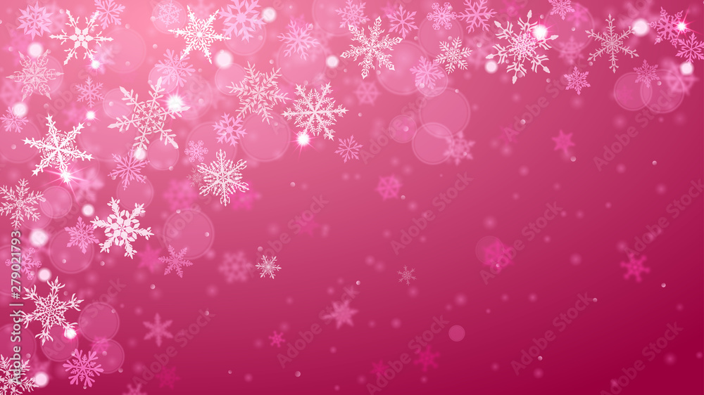 Christmas background of complex blurred and clear falling snowflakes in purple colors with bokeh effect Christmas background of complex blurred and clear falling snowflakes in purple colors with bokeh effect