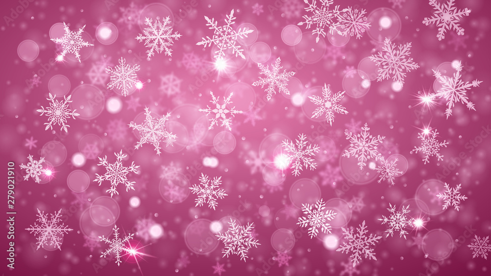 Christmas background of complex blurred and clear falling snowflakes in purple colors with bokeh effect