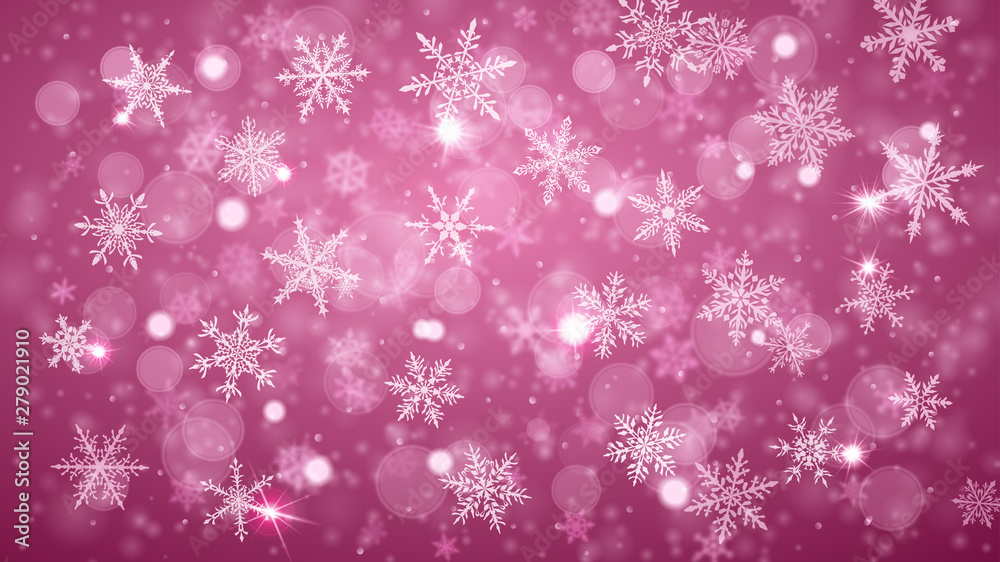 Christmas background of complex blurred and clear falling snowflakes in purple colors with bokeh effect Christmas background of complex blurred and clear falling snowflakes in purple colors with bokeh effect
