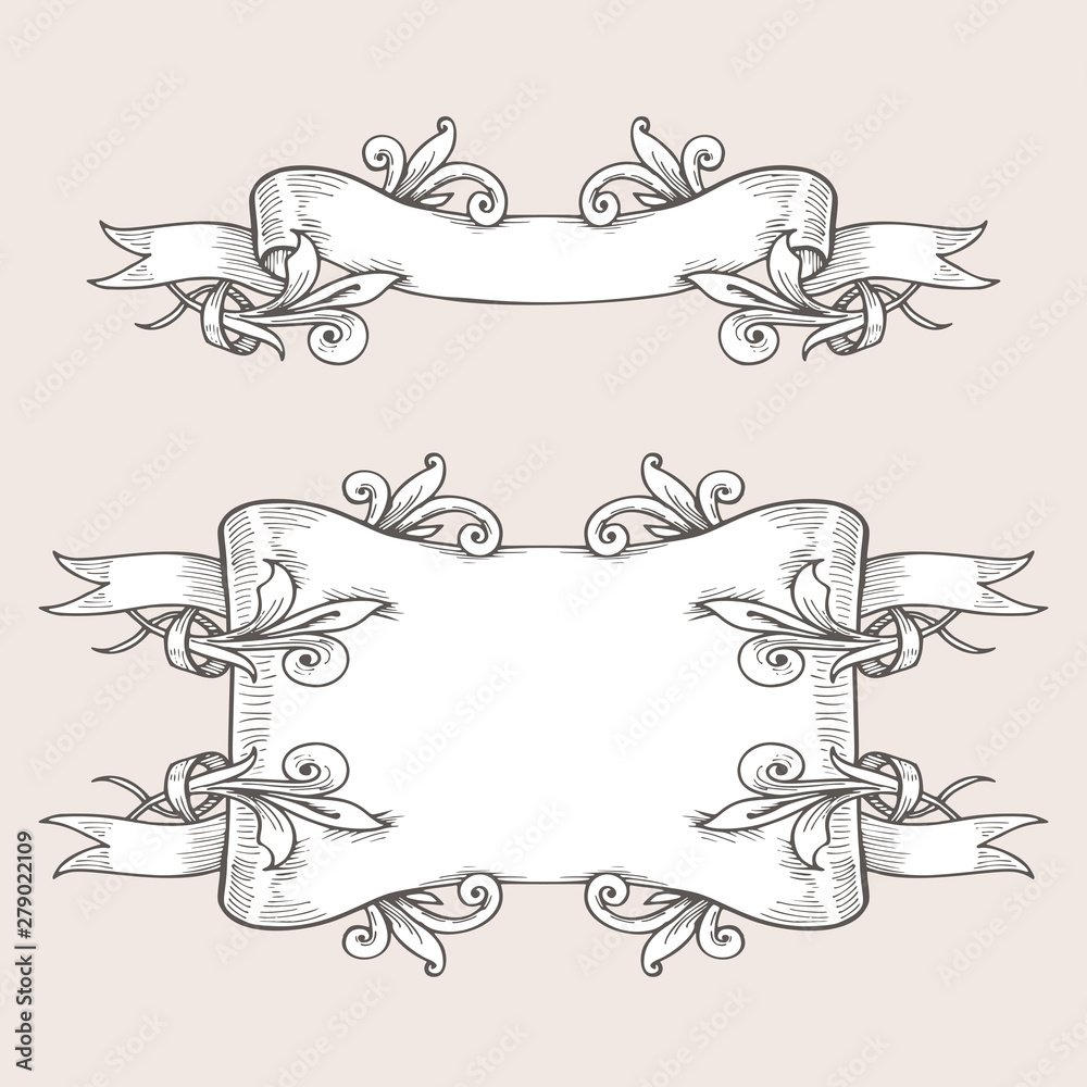 vintage ribbon banners and drawing in engraving style. Hand drawn design element. Vector Illustration