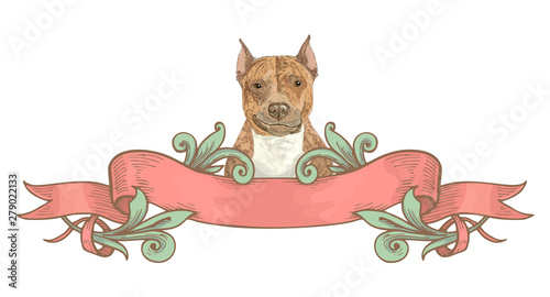 Hand grawn smiling dog with vintage ribbon banners and drawing in engraving style. Hand drawn design element. Vector Illustration