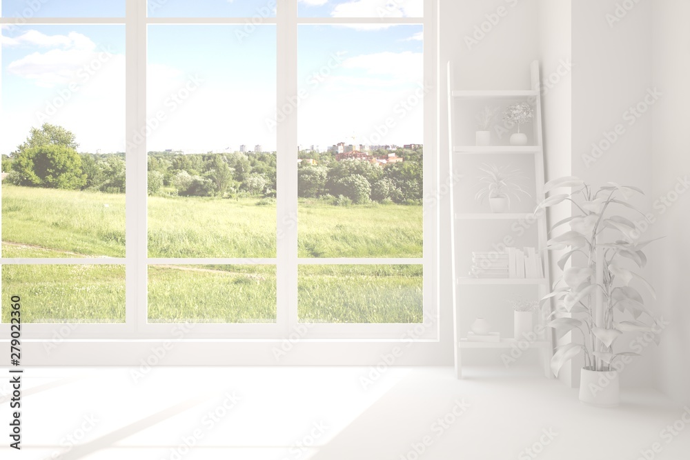 Stylish empty room in white color with summer landscape in window. Scandinavian interior design. 3D illustration Stylish empty room in white color with summer landscape in window. Scandinavian interior design. 3D illustration