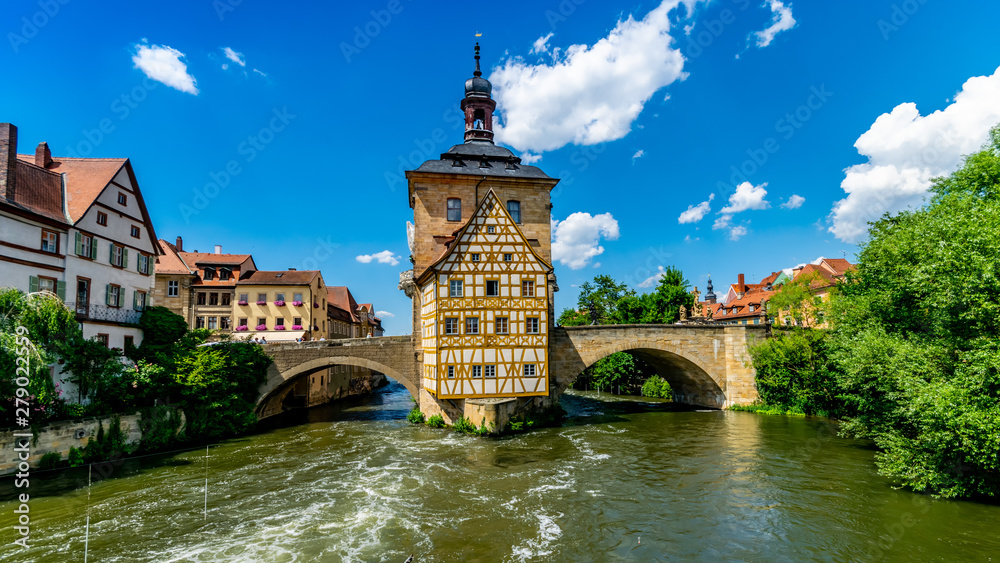 Bamberg old historic city in Bavaria with old town hall in wonderful sommer weather