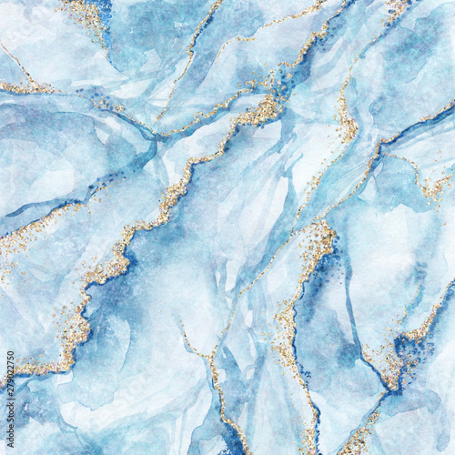 abstract background, white blue marble with gold glitter veins, fake stone texture, painted artificial marbled surface, fashion marbling illustration © wacomka
