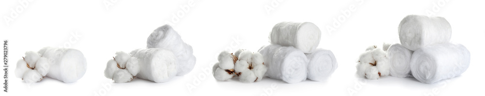 Set of soft cotton rolls and flowers on white background. Banner design Set of soft cotton rolls and flowers on white background. Banner design