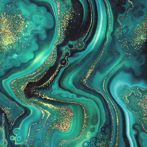 abstract background, fashion fake stone texture, malachite emerald green agate or marble slab with gold glitter veins, wavy lines, painted artificial marbled surface, artistic marbling illustration