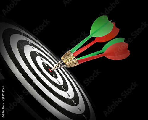 Dart board with color arrows hitting target on black background