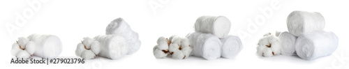 Set of soft cotton rolls and flowers on white background. Banner design