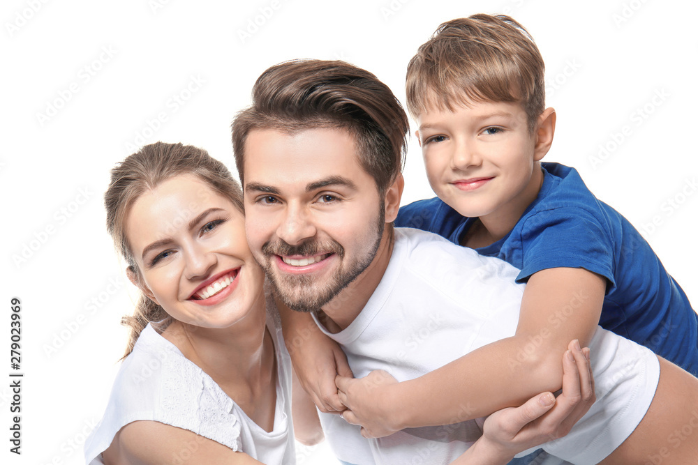 Φωτογραφία Portrait of couple with child on white background. Happy family