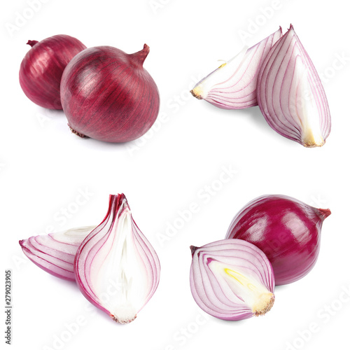 Set of fresh red onions on white background