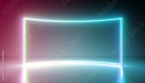 Fototapeta Naklejka Na Ścianę i Meble -  3d render, abstract neon background, rectangular blank frame, digital screen, virtual reality