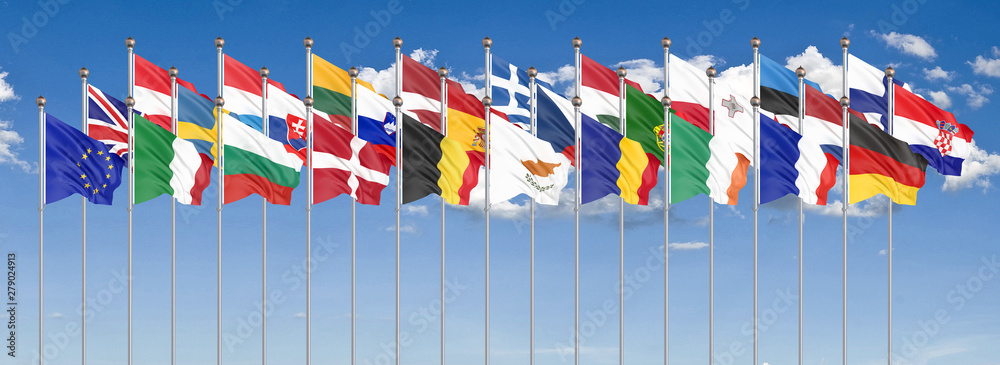 Silk waving 28 flags of countries of European Union. Blue sky background. 3D illustration. - Illustration