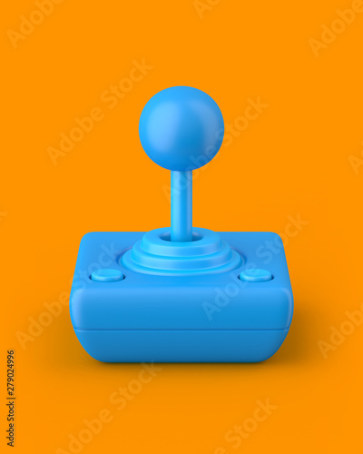 Blue retro joystick on an orange background. 3d render. Angled view. Kitsch Art Series.