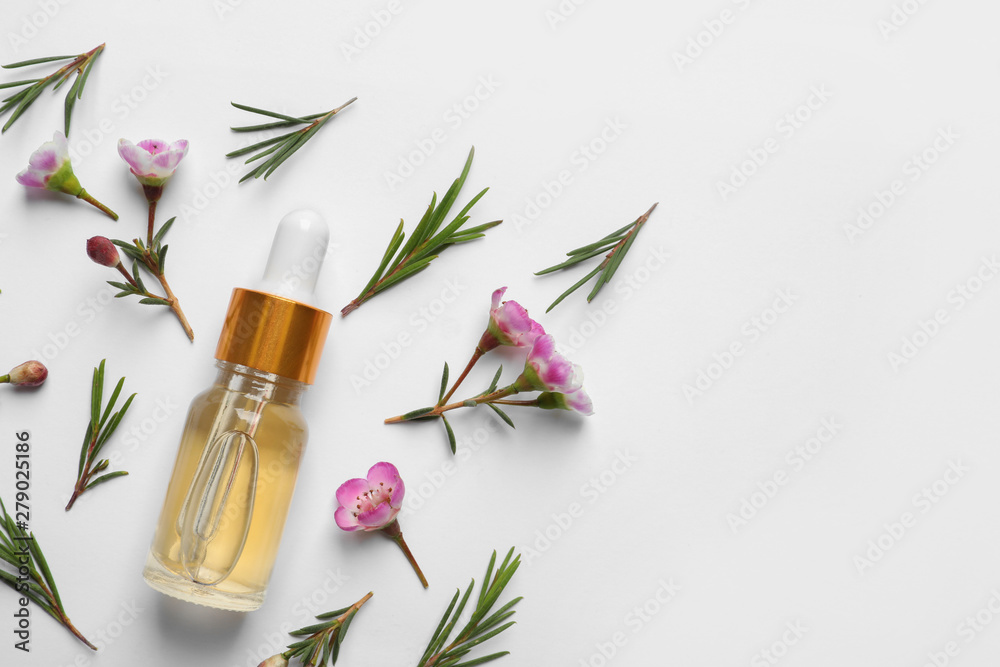 Flat lay composition with bottle of natural tea tree oil on white background