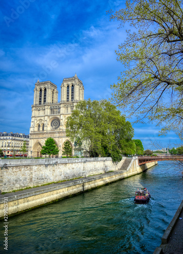 Notre Dame Cathedral on the Seine River in Paris, France after the fire on April 15, 2019. © Jbyard