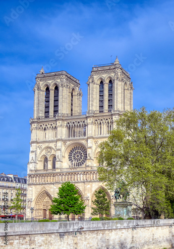 Notre Dame Cathedral on the Seine River in Paris, France after the fire on April 15, 2019.