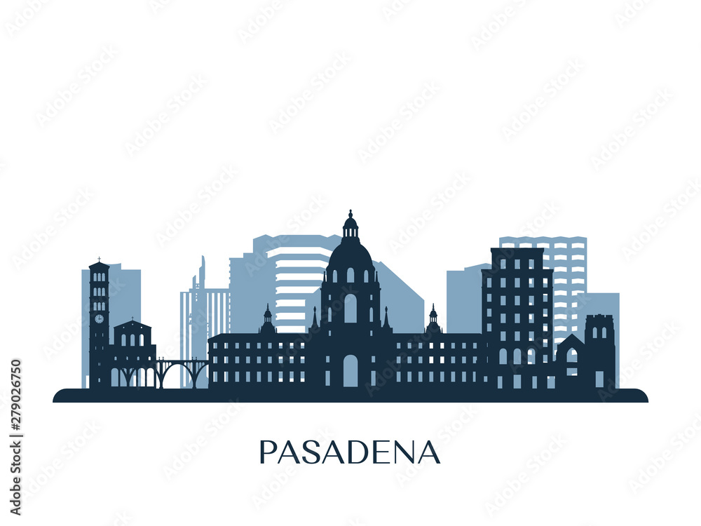 Pasadena skyline, monochrome silhouette. Vector illustration.