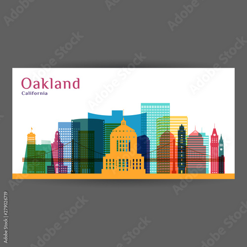 Oakland city, California architecture silhouette. Colorful skyline. City flat design. Vector business card.