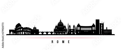 Rome city skyline horizontal banner. Black and white silhouette of Rome city, Italy. Vector template for your design.