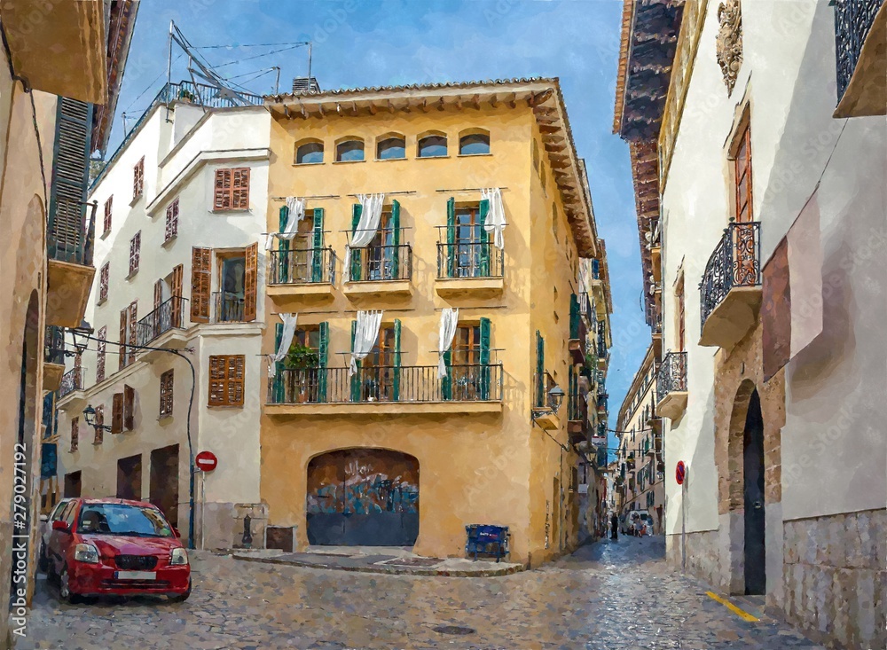 Crossroads of narrow streets in the historic centre of Palma de Mallorca,  watercolor style