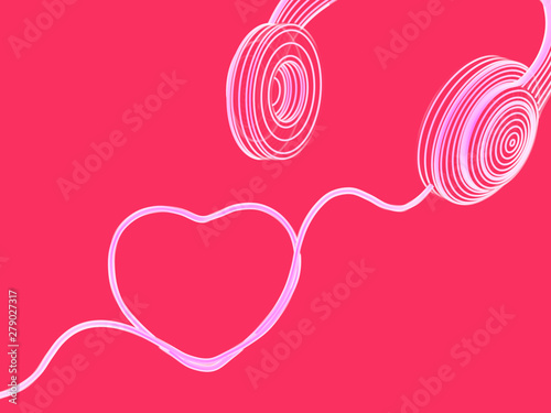 Valentines day greeting card: headphones with cable in the shape of heart on pink background. Postcard for Happy Valentines Day, birthday. Modern technological design. EPS 10 vector illustration.