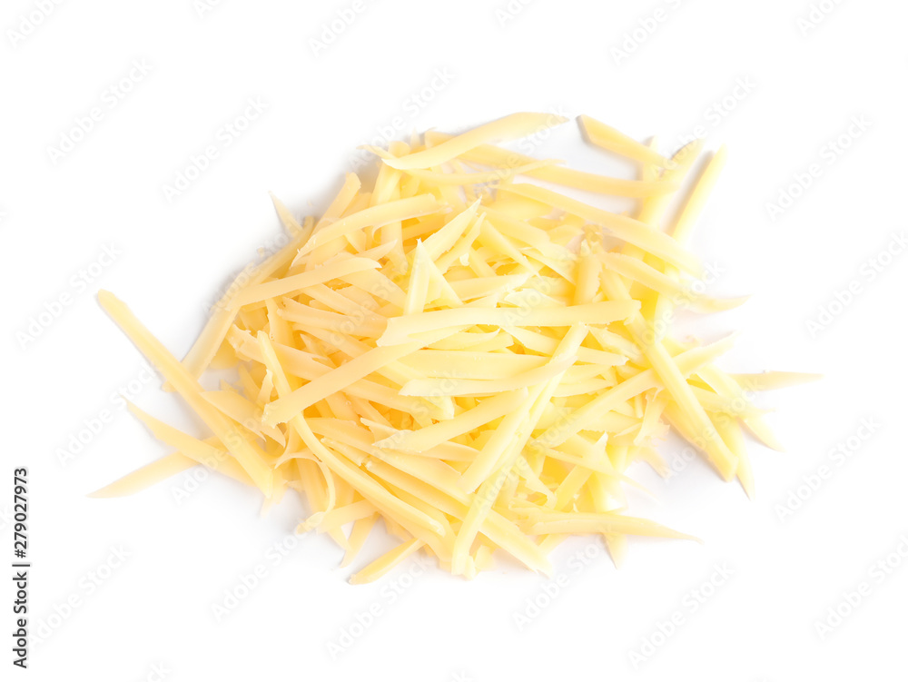 Heap of grated delicious cheese on white background Heap of grated delicious cheese on white background