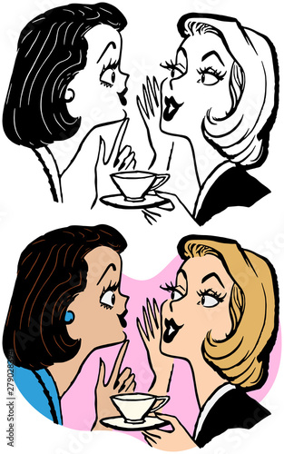 A pair of women gossiping over a cup of tea.