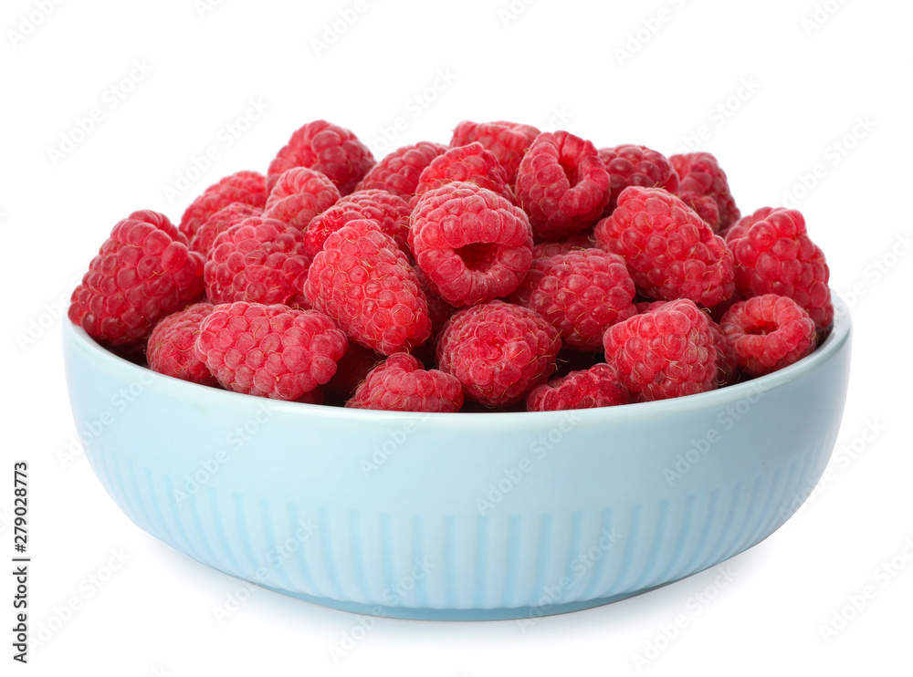 Bowl of delicious fresh ripe raspberries on white background Bowl of delicious fresh ripe raspberries on white background