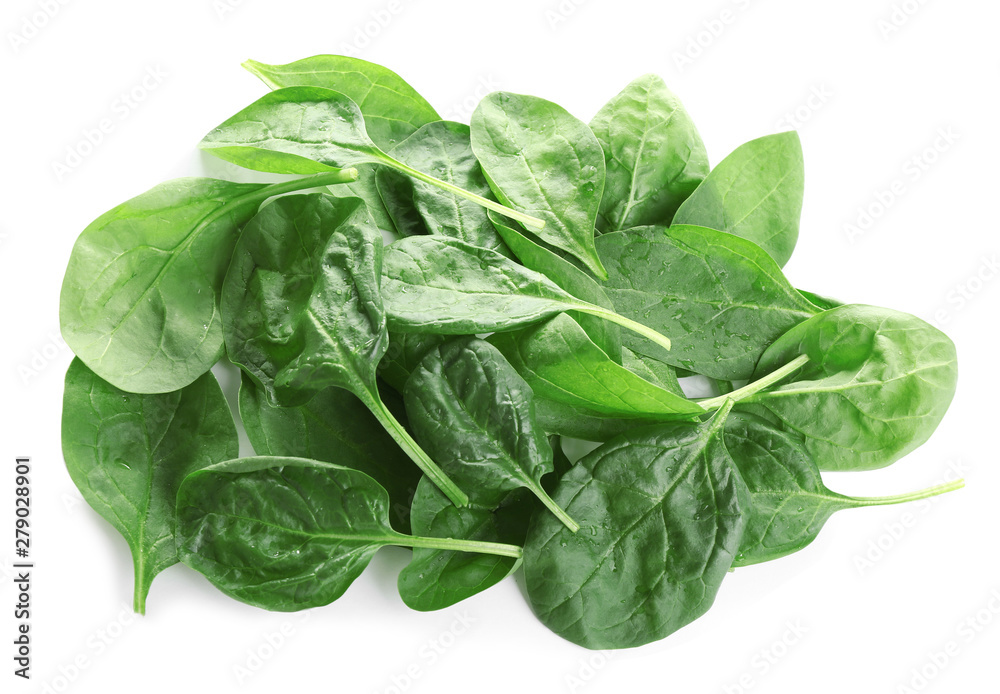 Heap of fresh green healthy baby spinach leaves isolated on white, top view Heap of fresh green healthy baby spinach leaves isolated on white, top view