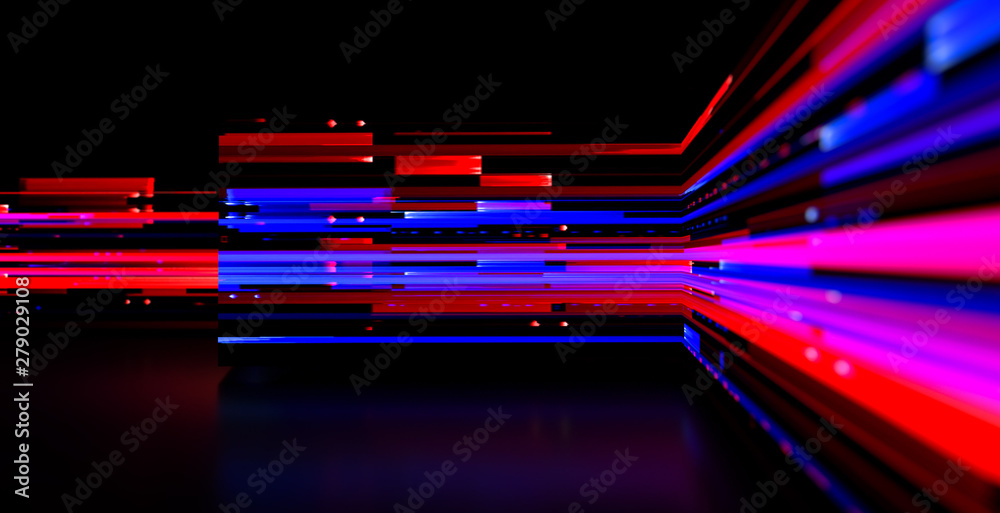 Obraz premium 3d Illustration. 3D Studio Space. Led light panels. Future tech. Shine stylish scene. Neon flare. Colorful sparkling rays. Mystic beam. Magic bright lines. Hologram display. Digital screen.