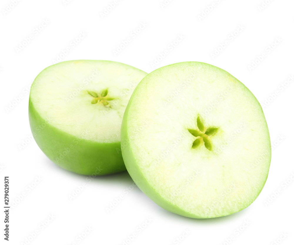 Halves of fresh green apple on white background Halves of fresh green apple on white background