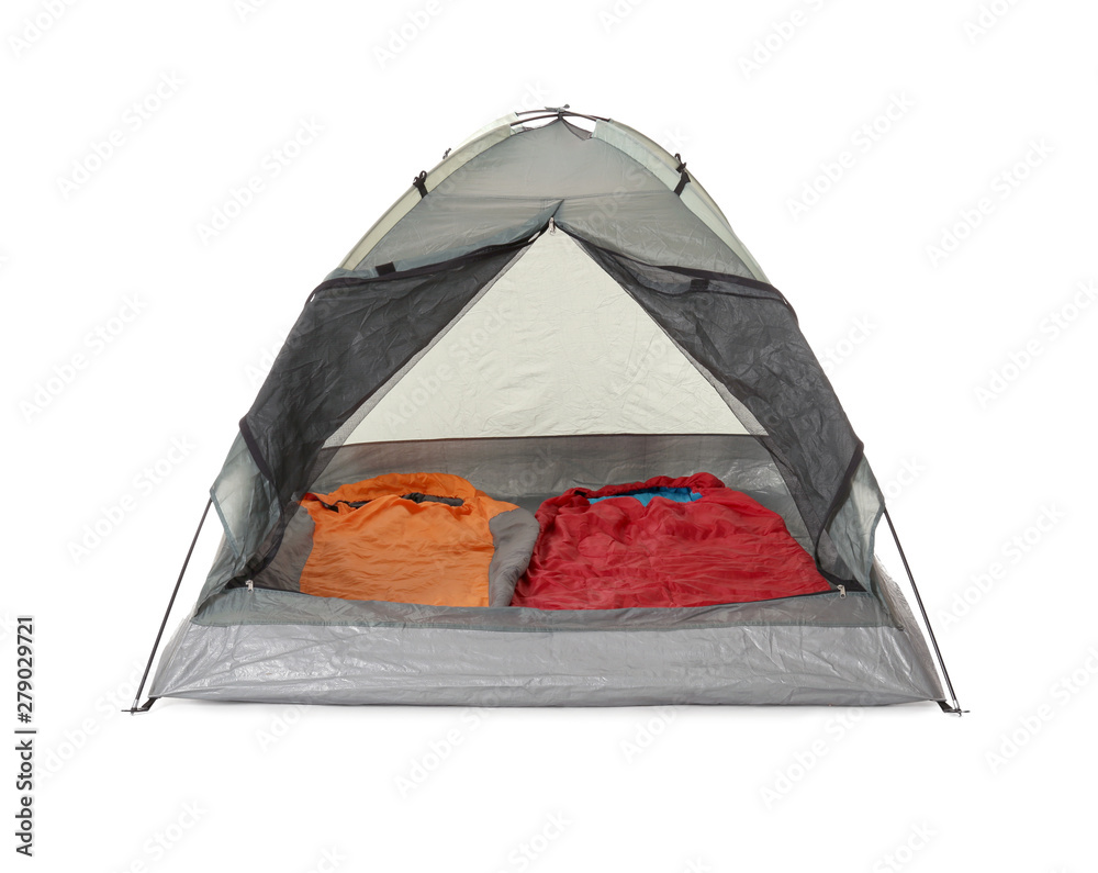 Comfortable grey camping tent with sleeping bags on white background Photos  | Adobe Stock